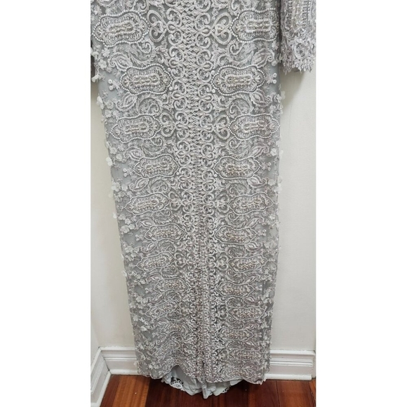 Gemy Maalouf Lace Evening Gown Light Grey Embroidered Long Sleeve Slit Front 12 - Picture 8 of 16